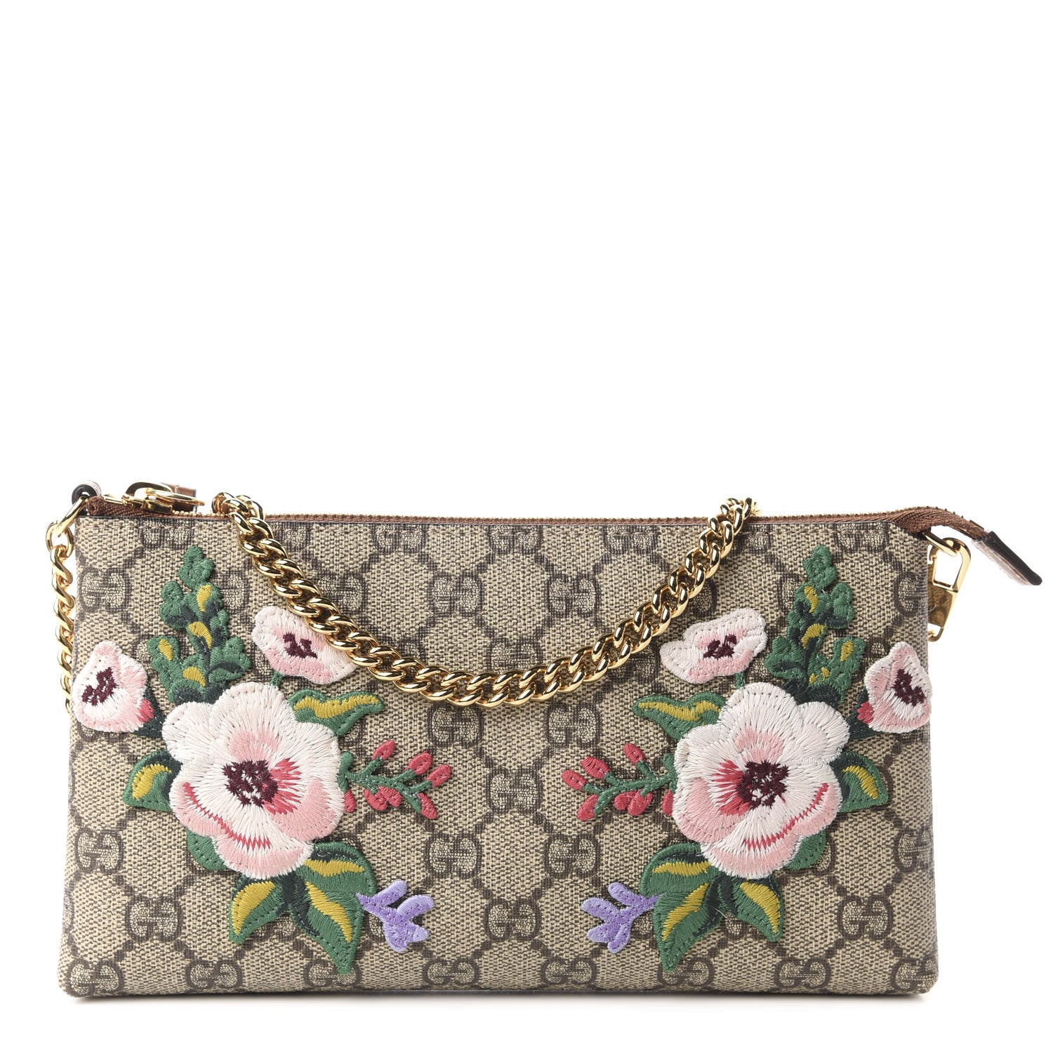 Gucci GG Supreme Monogram Embroidered Flower Chain Wrist Wallet 1 of 11