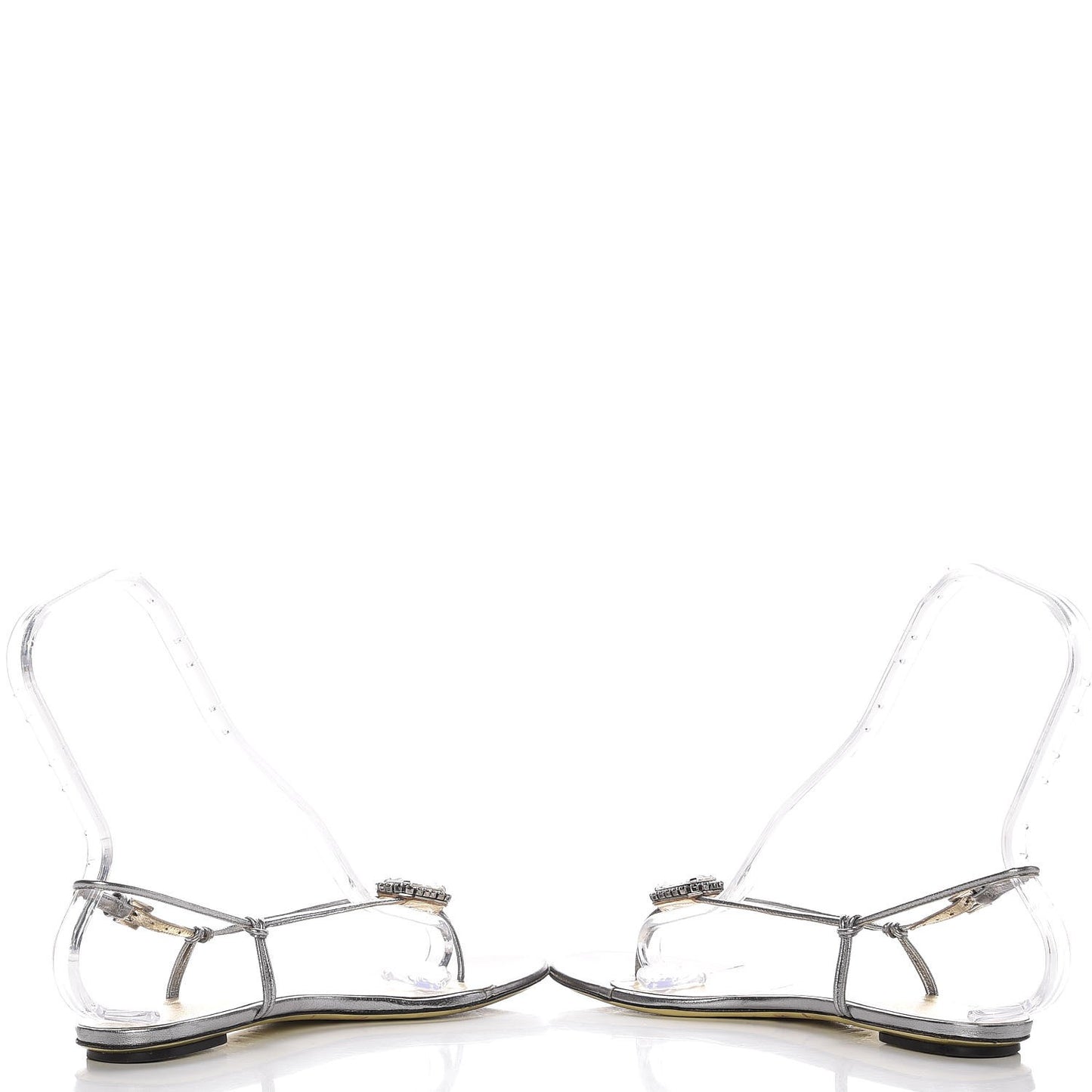 Metallic Vitello Crystal Slingback Flat Thong Sandals 38.5 Silver