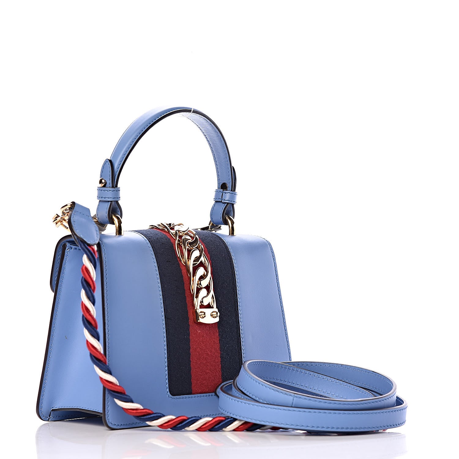 Gucci Vitello Fontanella Web Mini Sylvie Top Handle Bag Clear Sky Blue 3 of 10