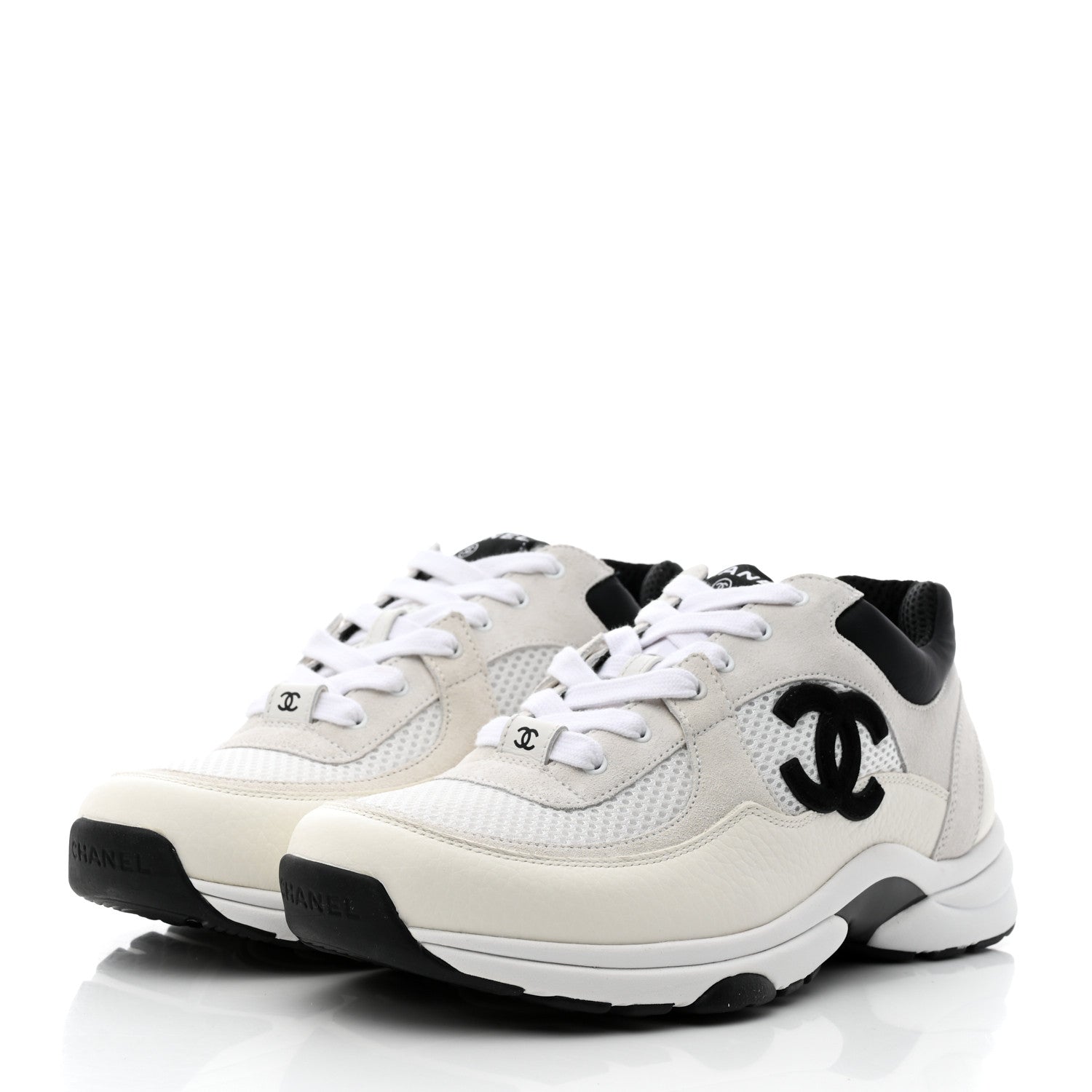 Chanel Mesh Suede Calfskin Grained Calfskin Womens CC Sneakers 39.5 White Black 3 of 9
