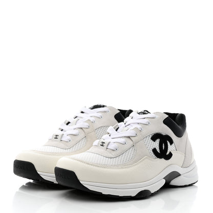 Chanel Mesh Suede Calfskin Grained Calfskin Womens CC Sneakers 39.5 White Black 3 of 9