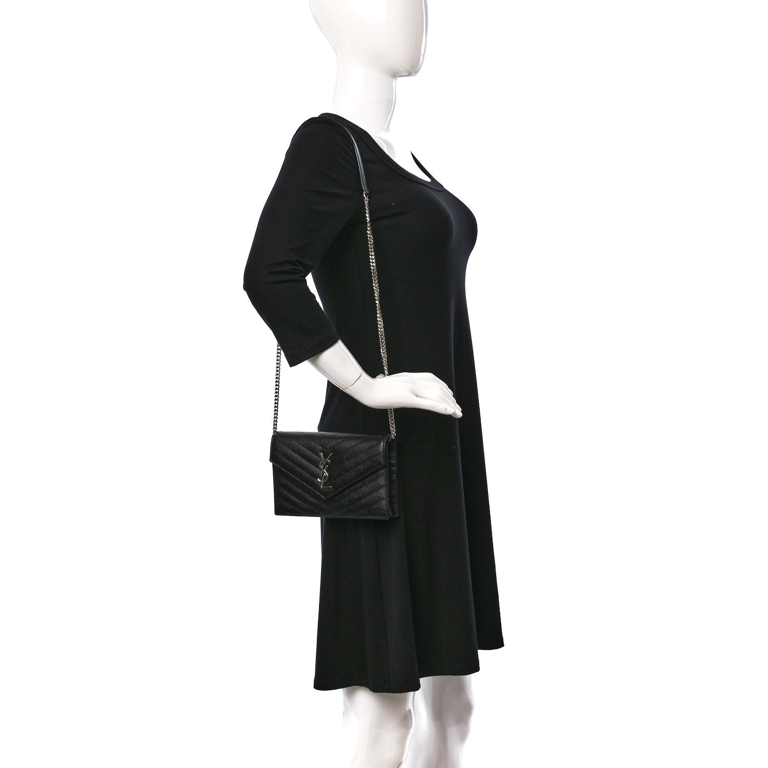 Saint Laurent Grain De Poudre Matelasse Chevron Monogram Envelope Chain Wallet Black 3 of 8