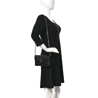Saint Laurent Grain De Poudre Matelasse Chevron Monogram Envelope Chain Wallet Black 3 of 8