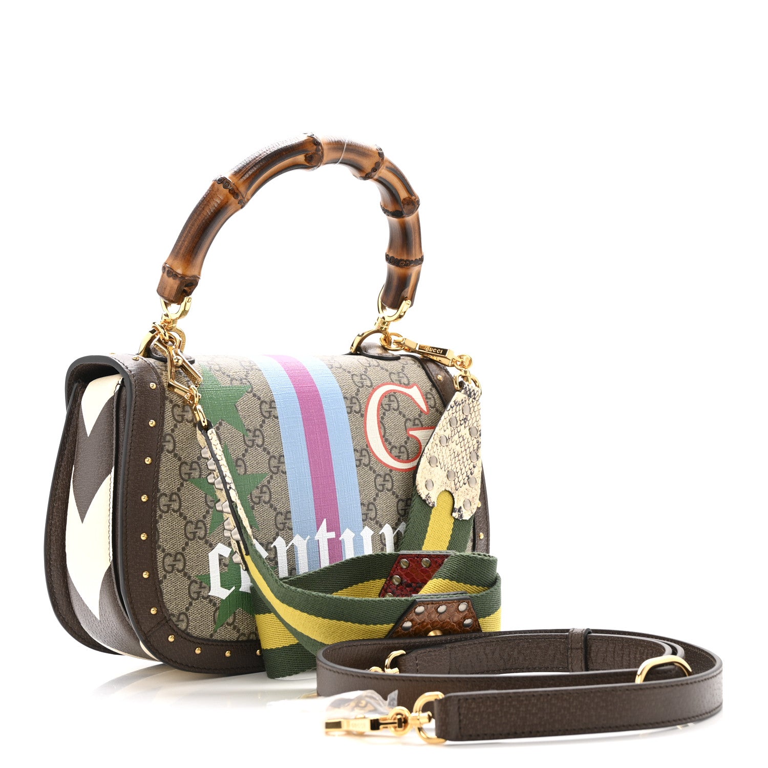 Gucci GG Supreme Monogram Studded Calfskin 100 Centennial Geometric Medium Bamboo 1947 Top Handle Bag Beige Ebony Multicolor 4 of 12