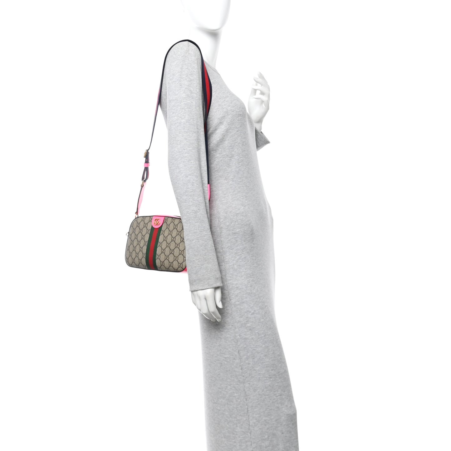 GG Supreme Monogram Textured Dollar Calfskin Web Ophidia Small Crossbody Bag Beige Ebony Fuchsia