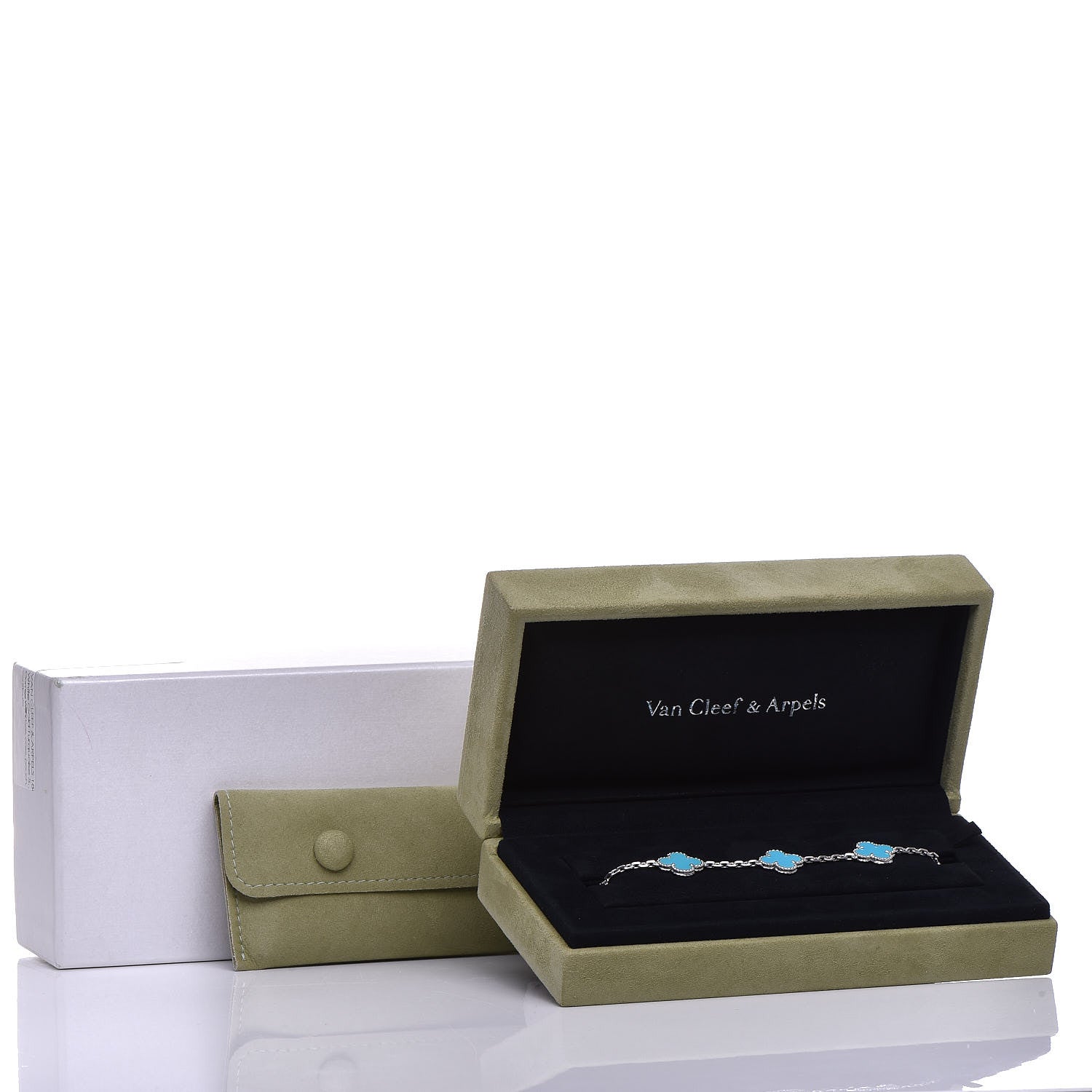 Van Cleef & Arpels 18K White Gold Turquoise 5 Motifs Vintage Alhambra Bracelet 6 of 6