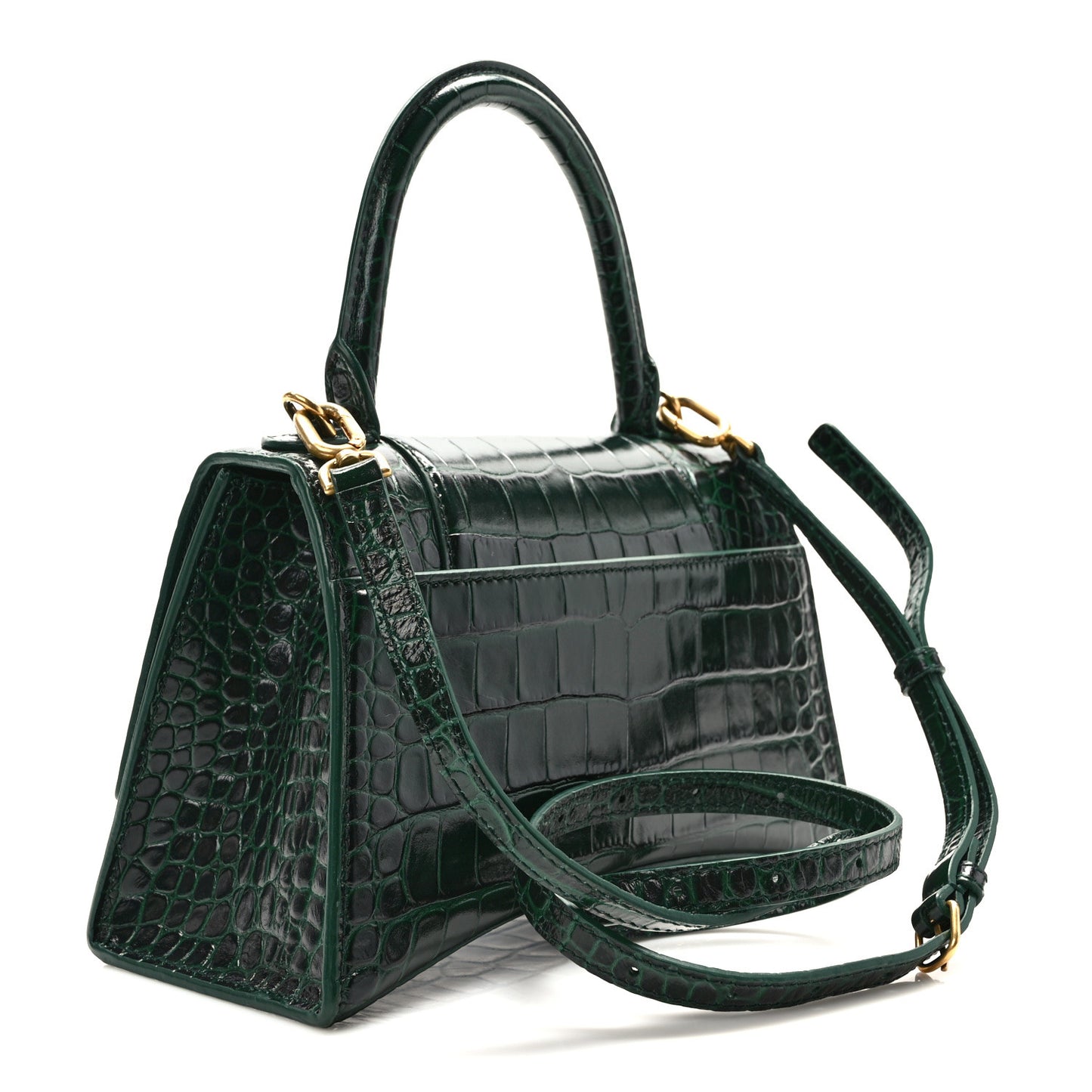 Shiny Calfskin Crocodile Embossed Small Hourglass Top Handle Bag Forest Green