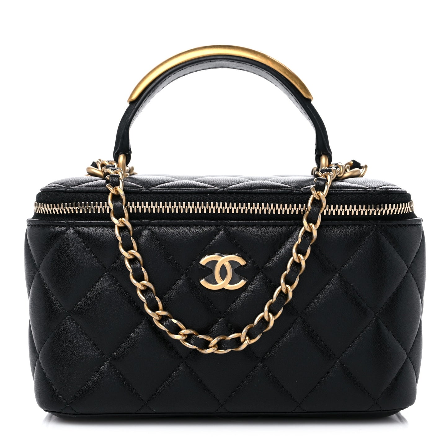 Lambskin Quilted Metal Small Top Handle Vanity Case With Chain Black