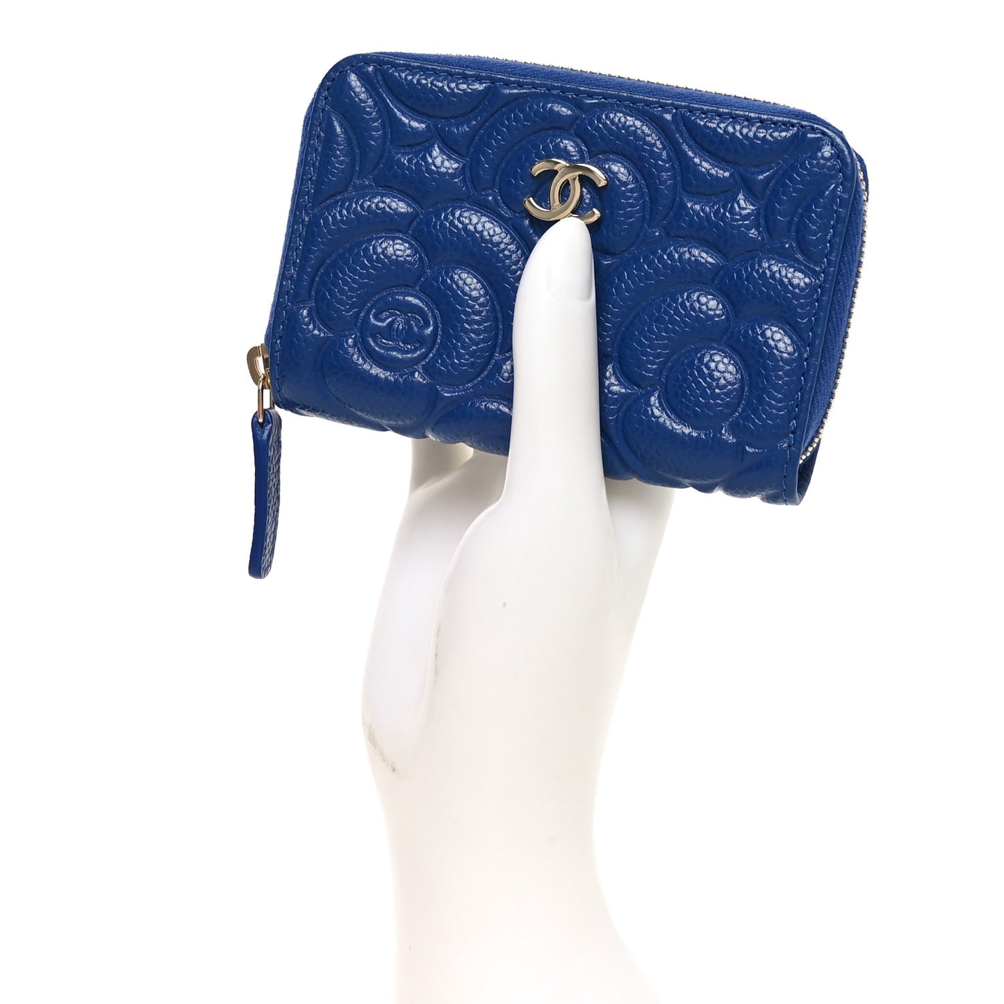 Caviar Camellia Embossed Zip Coin Purse Dark Blue