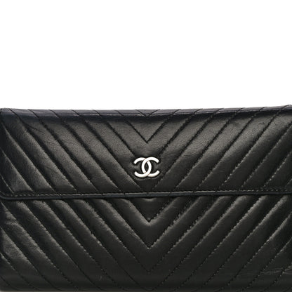 Chanel Lambskin Chevron Quilted Large Flap Clutch Wallet Black 9 of 22