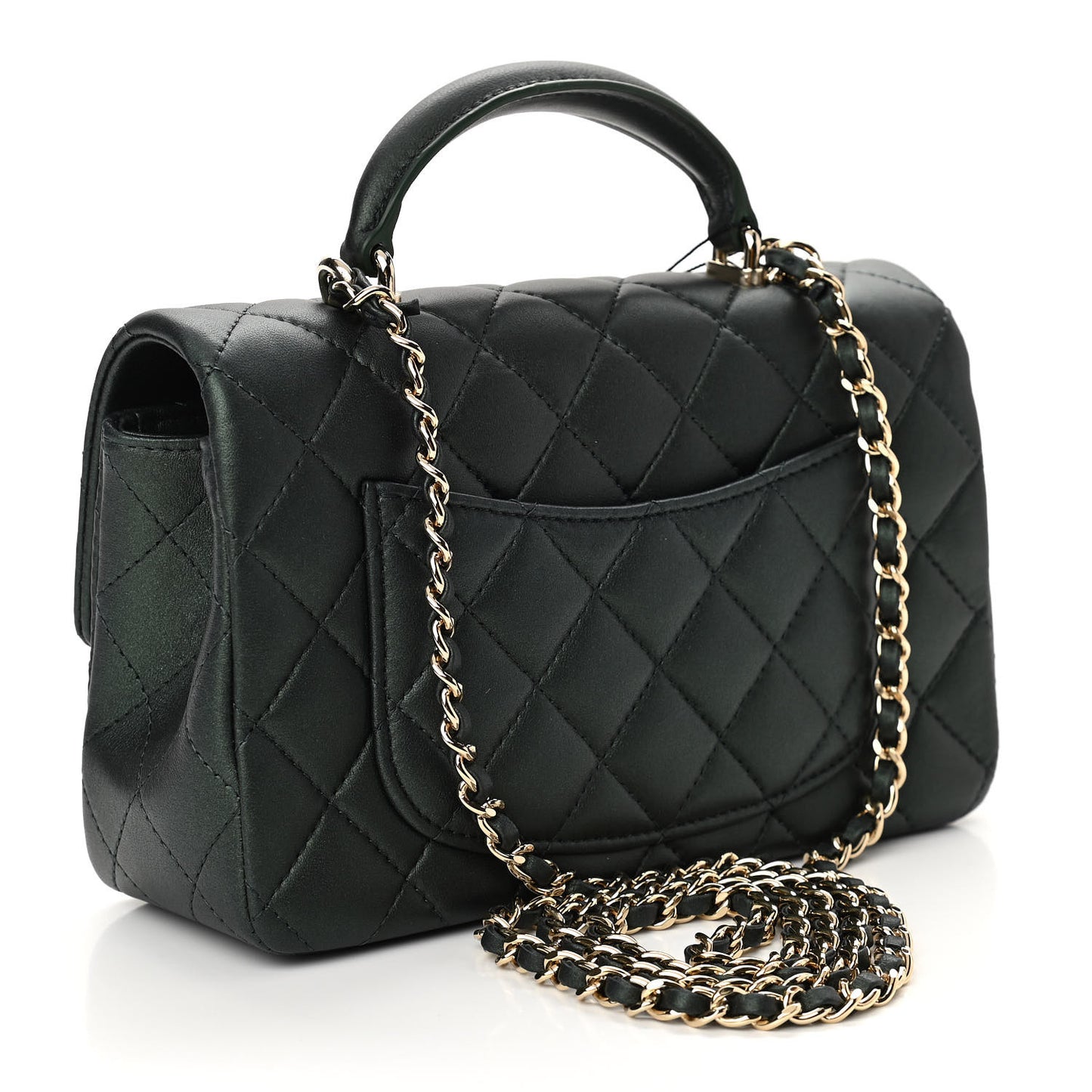 Iridescent Lambskin Quilted Mini Top Handle Rectangular Flap Dark Green
