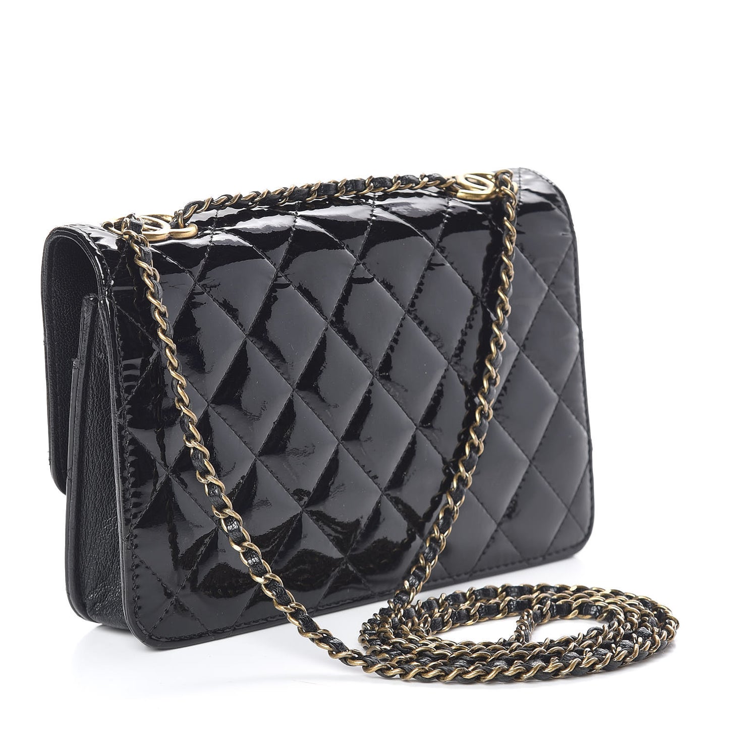 Patent Goatskin Quilted CC Eyelet Wallet On Chain WOC Black