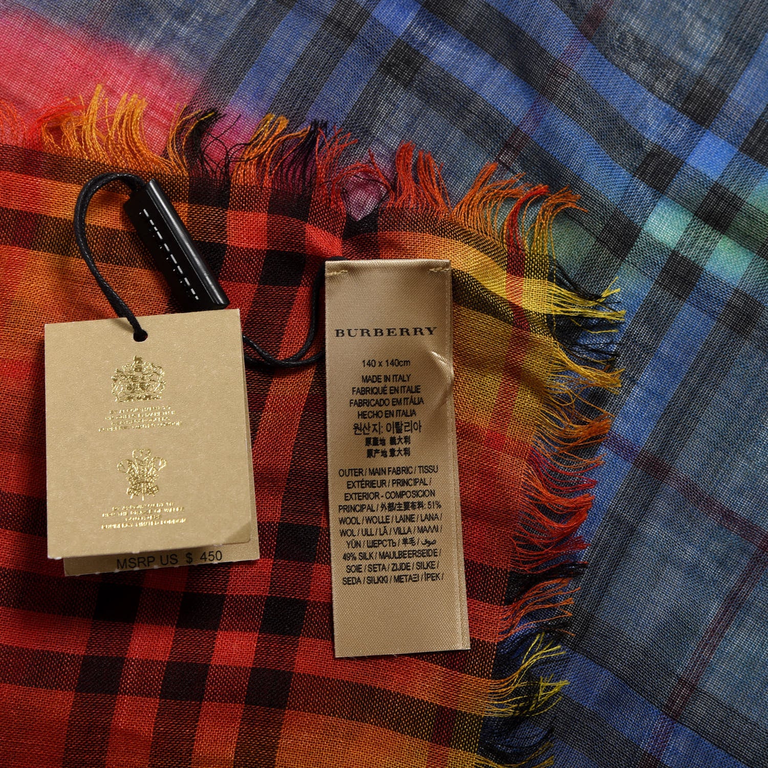 Burberry Wool Silk Rainbow Tie Dye Vintage Check Scarf Multicolor 2 of 4
