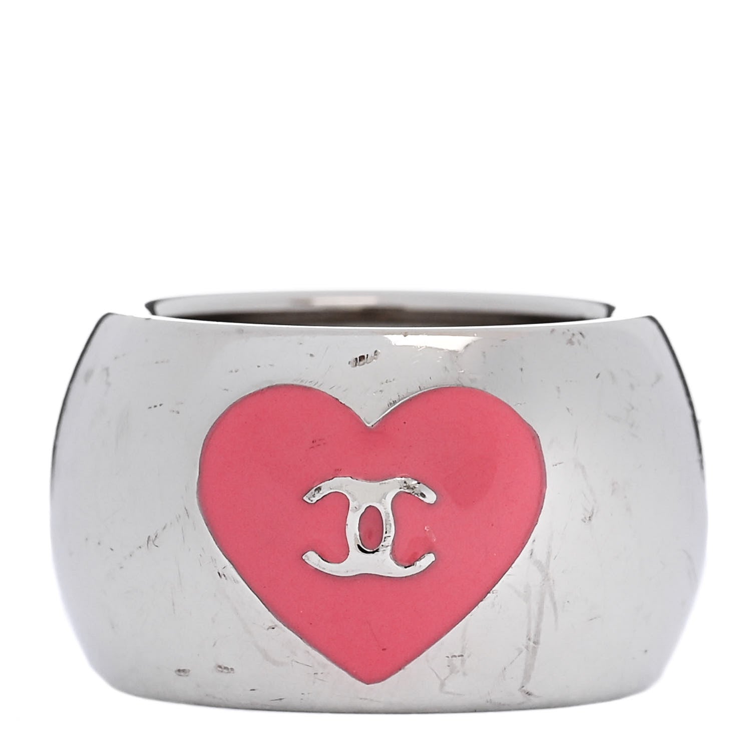Chanel Metal Enamel Valentine CC Ring 54 7 Silver Pink 1 of 6