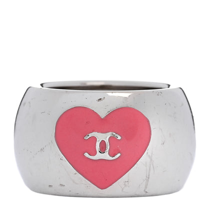 Chanel Metal Enamel Valentine CC Ring 54 7 Silver Pink 1 of 6