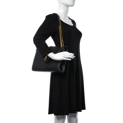 Saint Laurent Grain De Poudre Matelasse Chevron Large Monogram Satchel Black 2 of 9