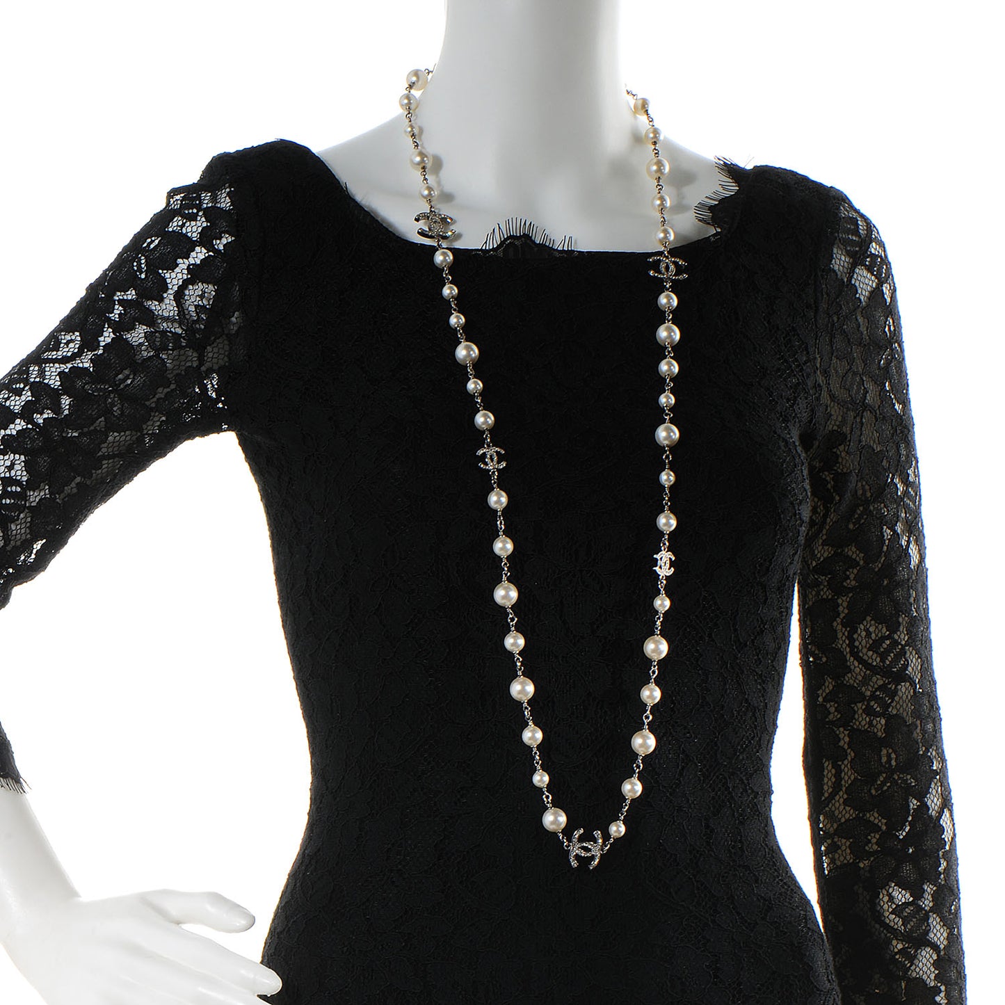 Crystal Pearl CC Long Necklace Silver