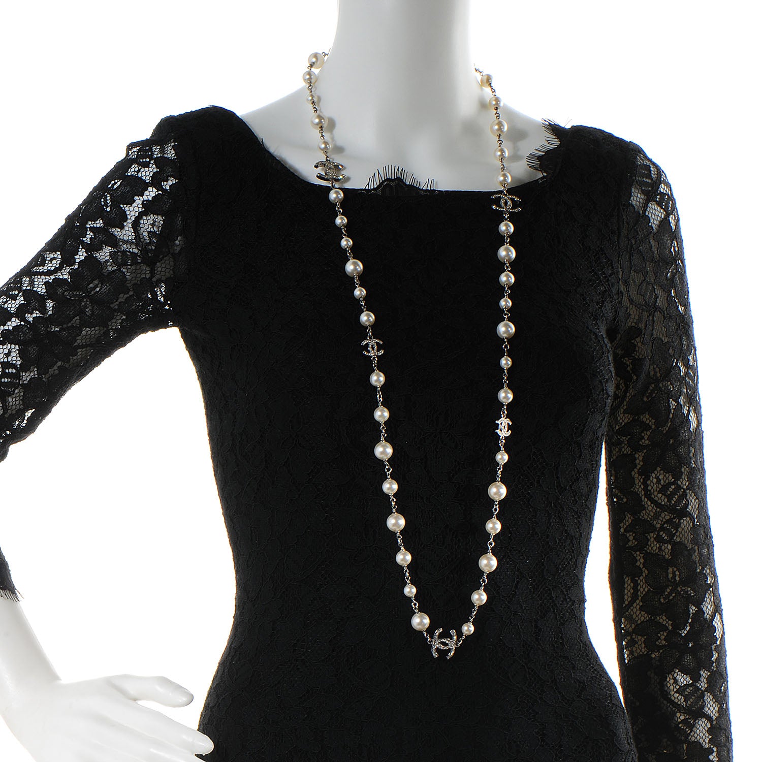 Chanel Crystal Pearl CC Long Necklace Silver 2 of 8