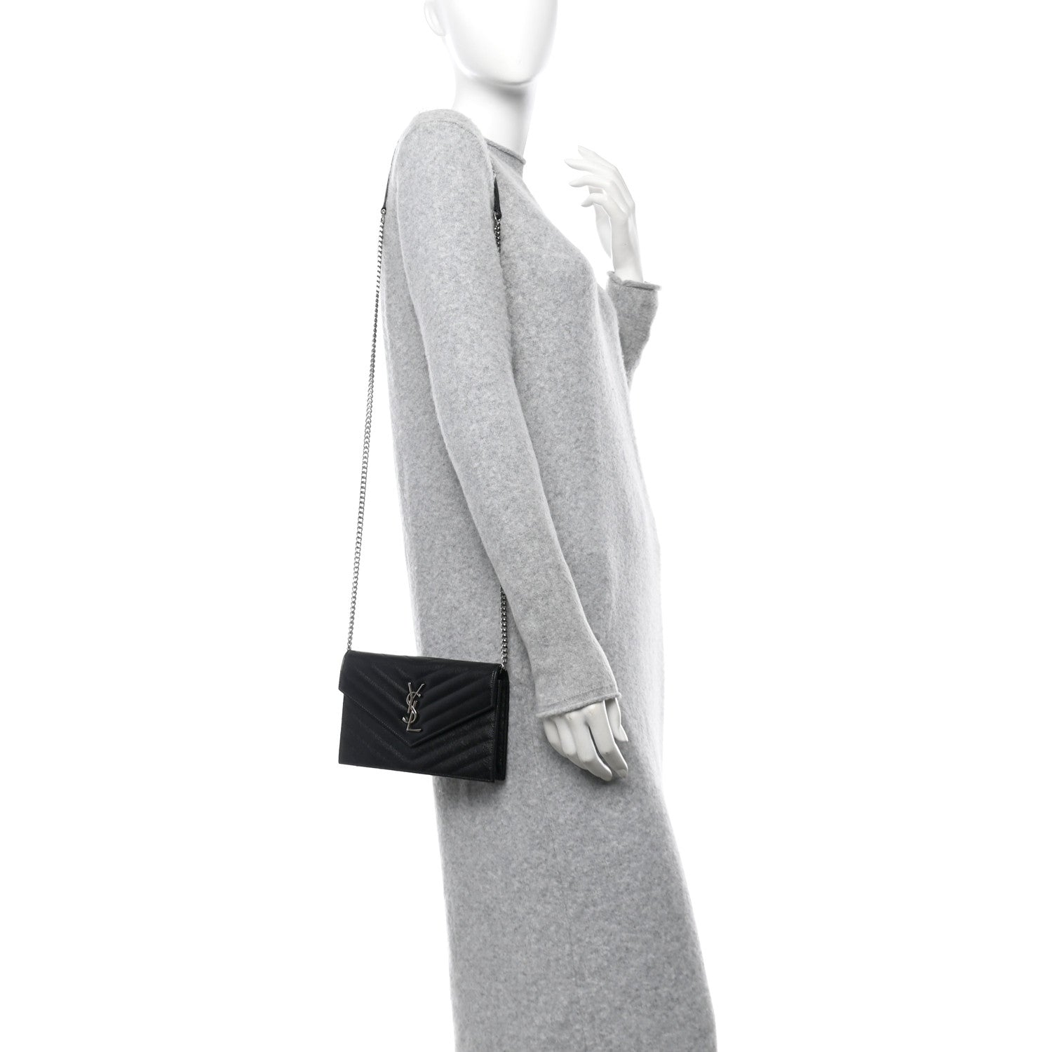 Saint Laurent Grain De Poudre Matelasse Chevron Monogram Envelope Chain Wallet Black 2 of 11