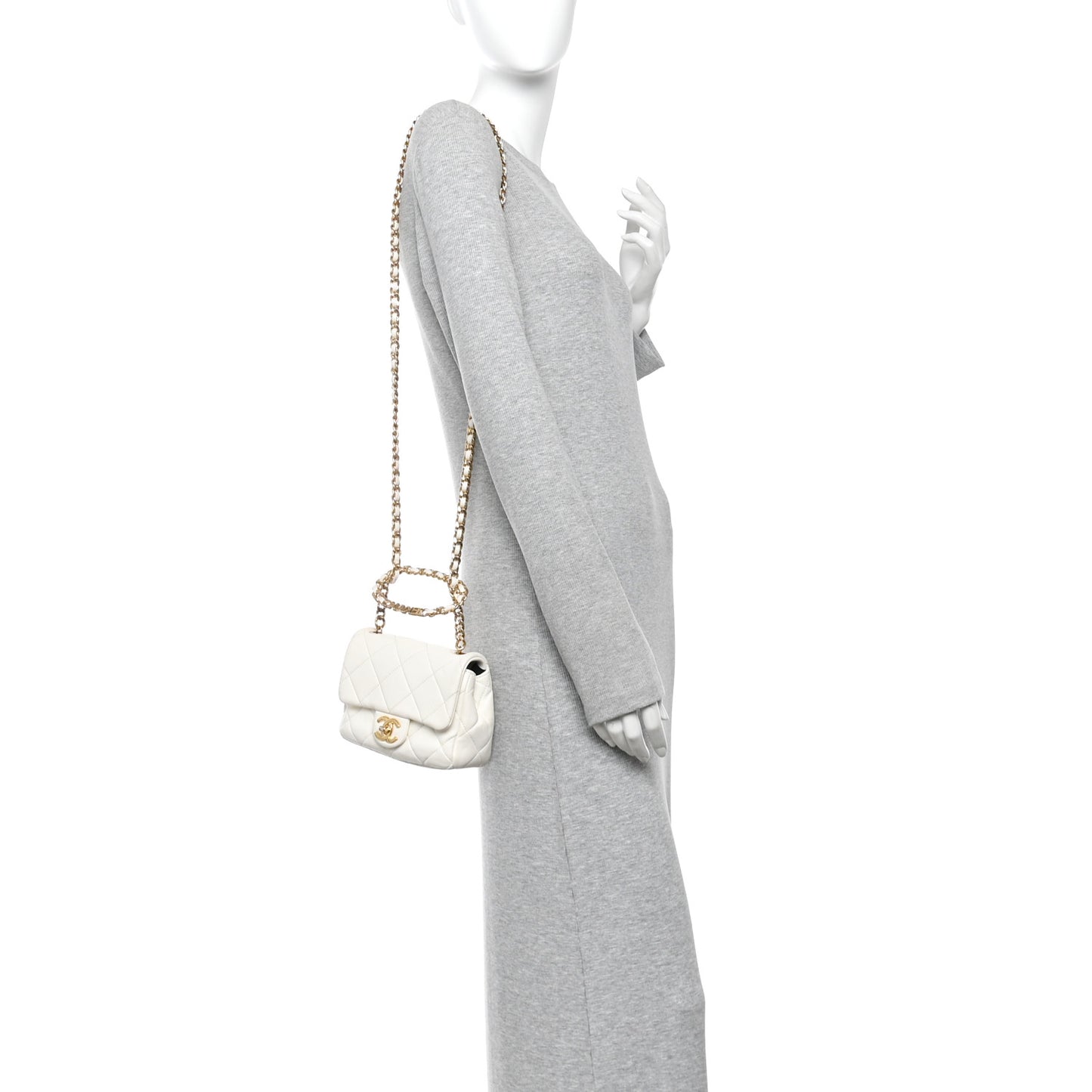 Lambskin Metal Quilted Mini Top Handle Square Flap White
