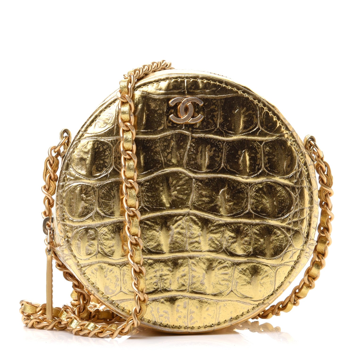 Chanel Metallic Calfskin Crocodile Embossed Cocodile Round Clutch with Chain Gold 1 of 11