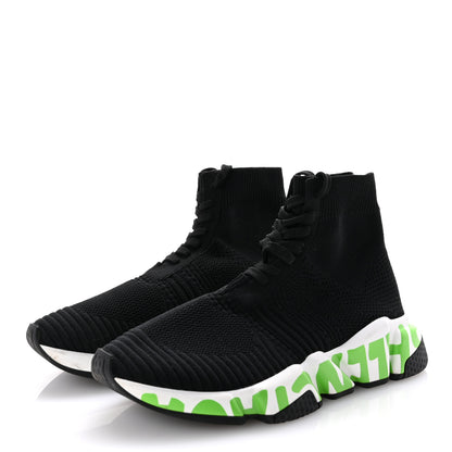 Balenciaga Knit Womens Speed Lace Up Graffiti Sneakers 36 Black White Fluo Green 4 of 10