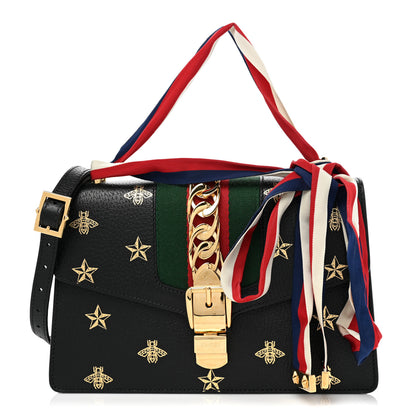 Gucci Textured Calfskin Bee Star Print Small Sylvie Shoulder Bag Black 1 of 8
