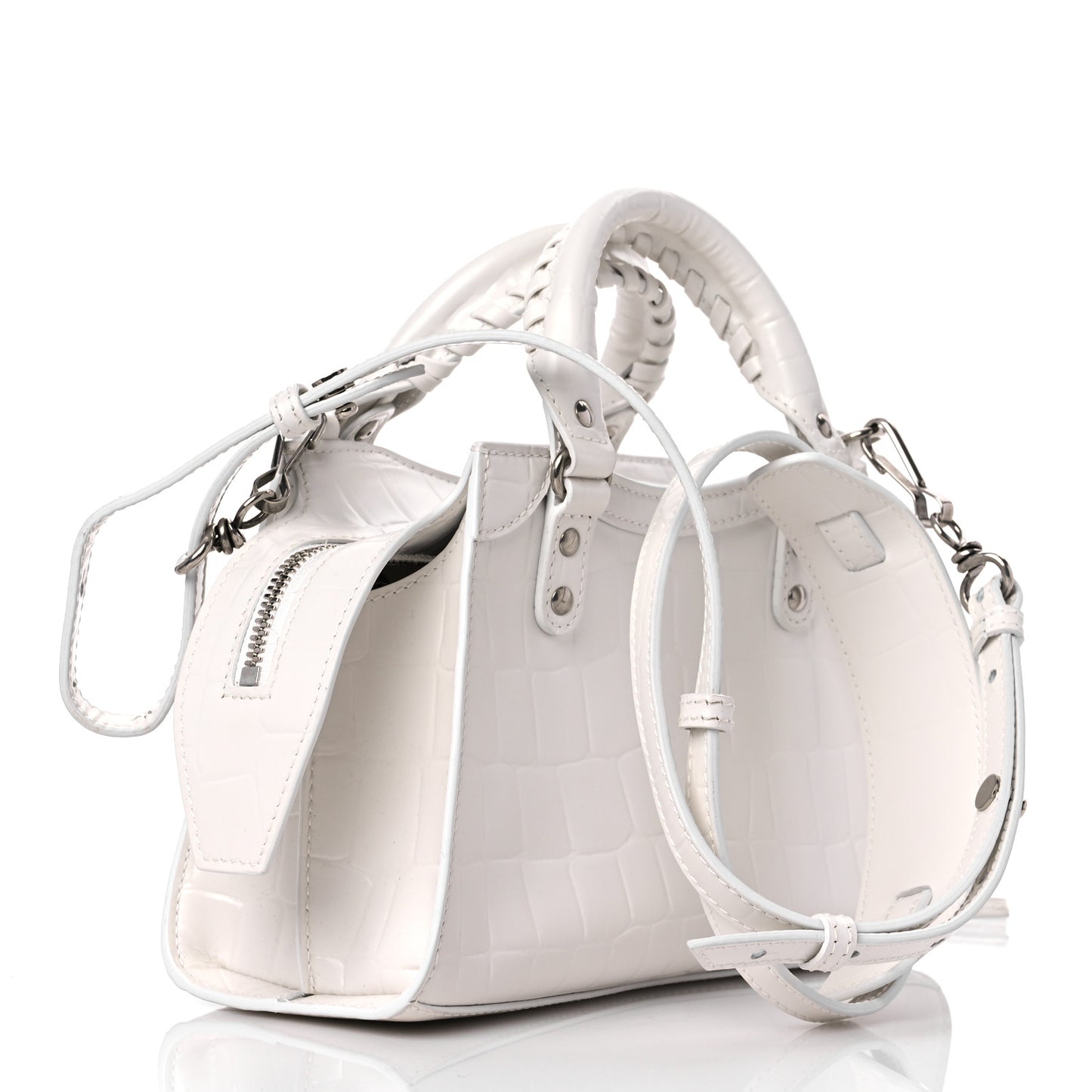 Semi Shiny Calfskin Crocodile Embossed Neo Classic Silver Hardware Mini City White