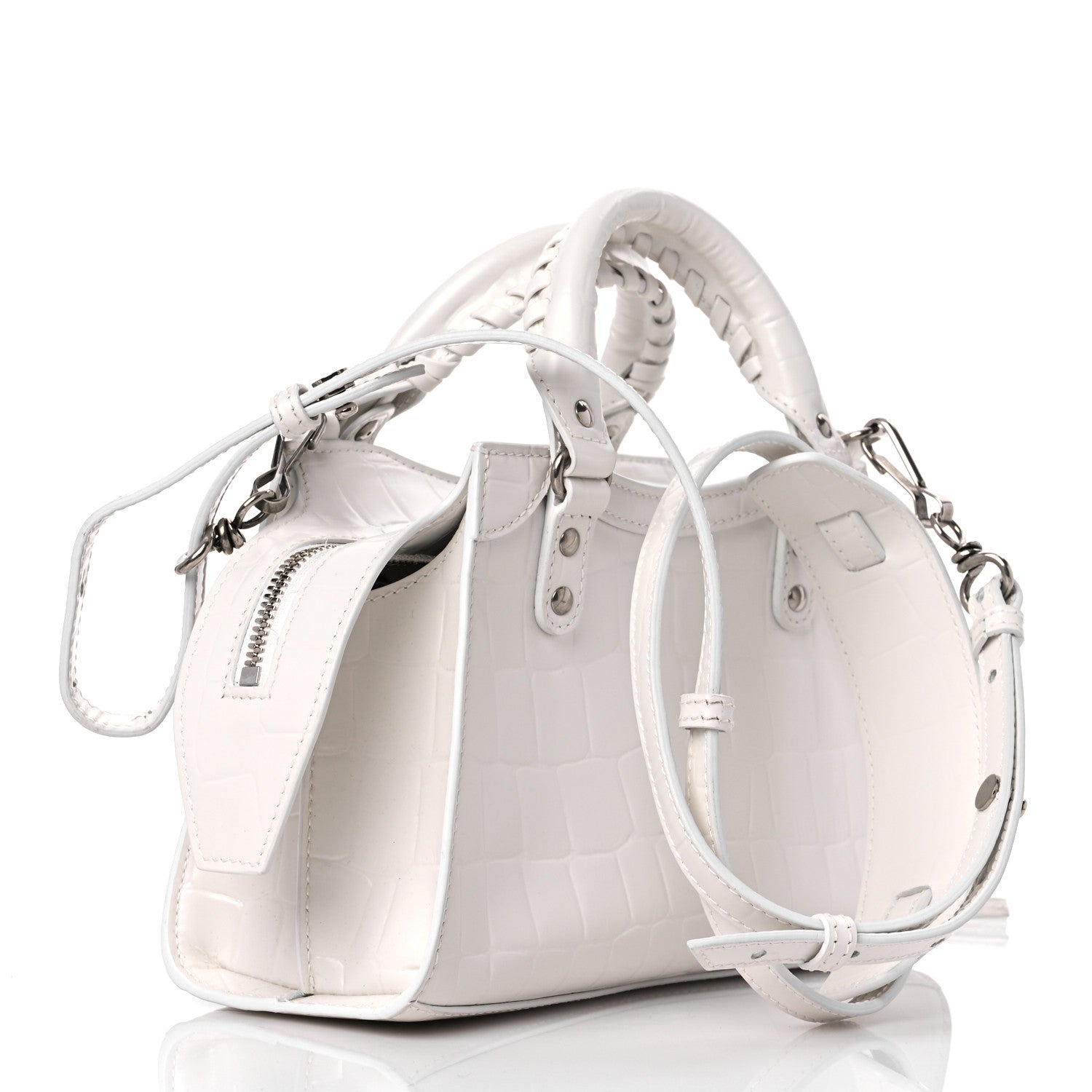Balenciaga Semi Shiny Calfskin Crocodile Embossed Neo Classic Silver Hardware Mini City White 3 of 10