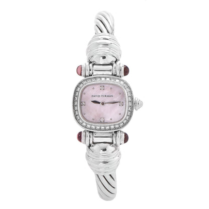 David Yurman Sterling Silver Diamond Bezel Pink Mother of Pearl Pink Tourmaline 21mm Classic Cable Quartz Watch 1 of 7