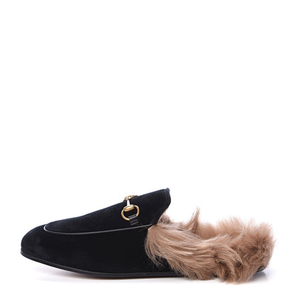 Gucci Velvet Fur Womens Princetown Slippers 37.5 Black 1 of 8