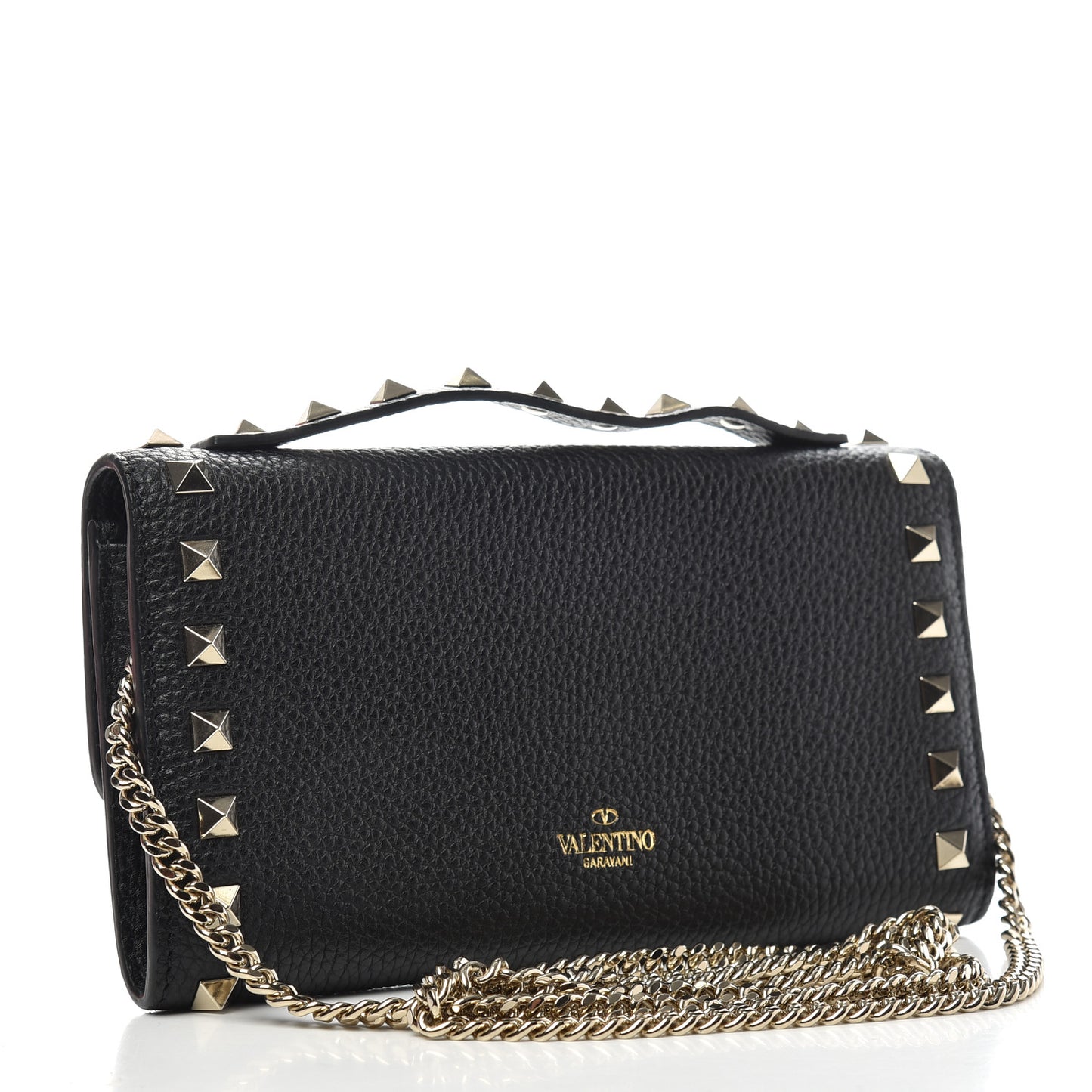 Pebbled Calfskin Rockstud Flip Lock Wallet On Chain Black