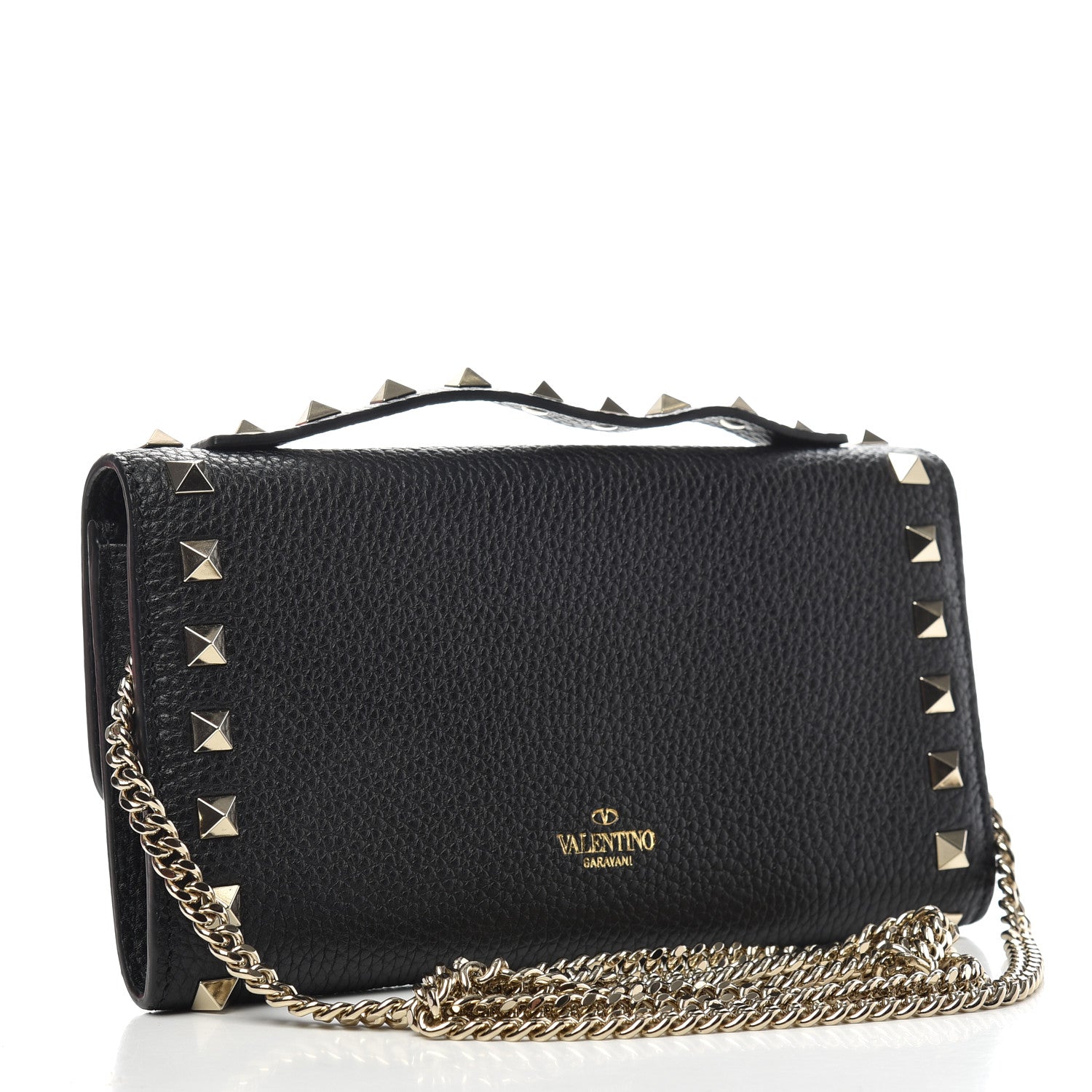 Valentino Garavani Pebbled Calfskin Rockstud Flip Lock Wallet On Chain Black 2 of 6