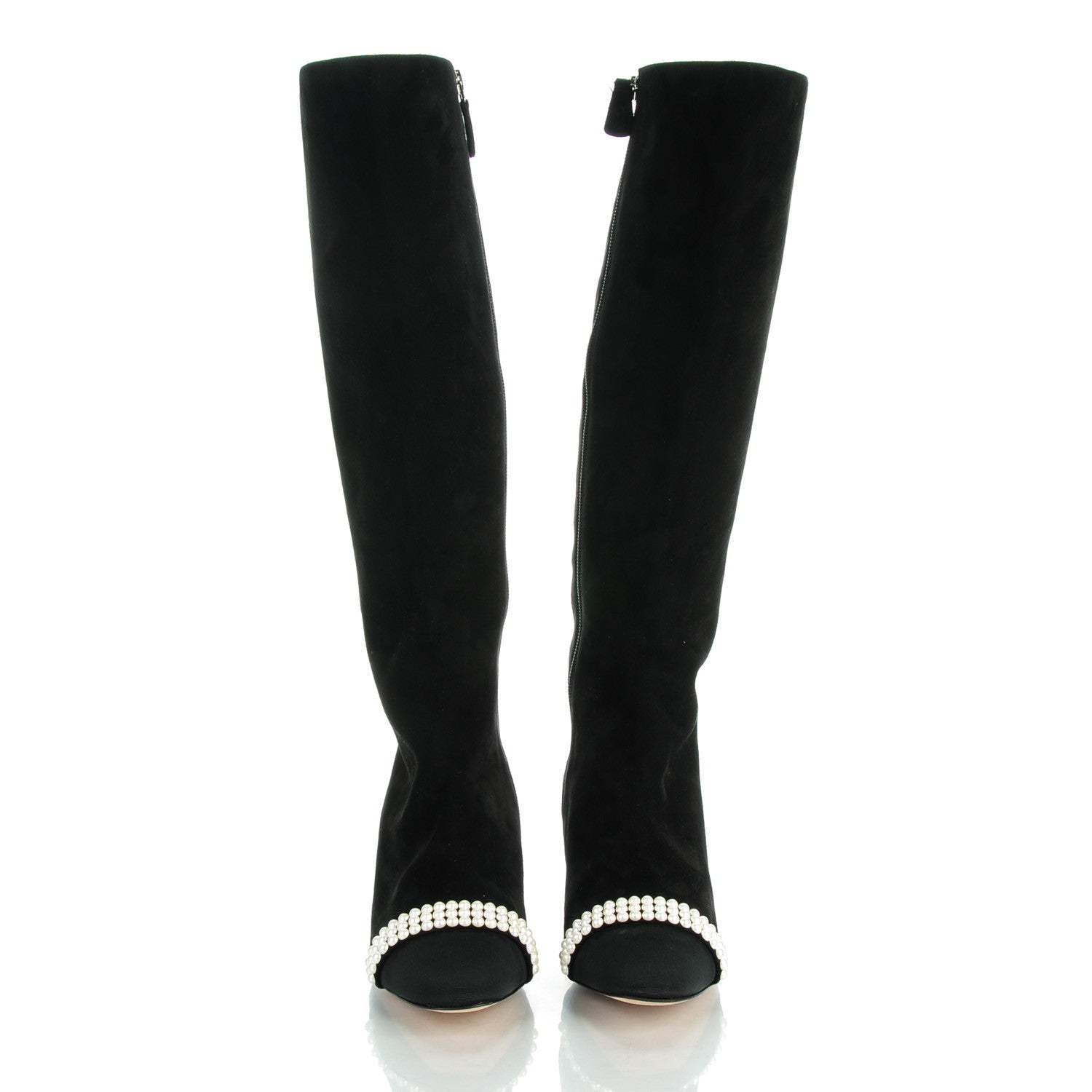 Chanel Suede Pearl Cap Toe Knee High Boots 38.5 Black 2 of 8