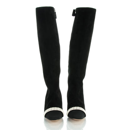 Chanel Suede Pearl Cap Toe Knee High Boots 38.5 Black 2 of 8