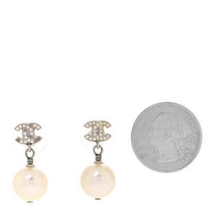 Chanel Crystal Pearl CC Drop Earrings Silver Pearly White 2 of 5