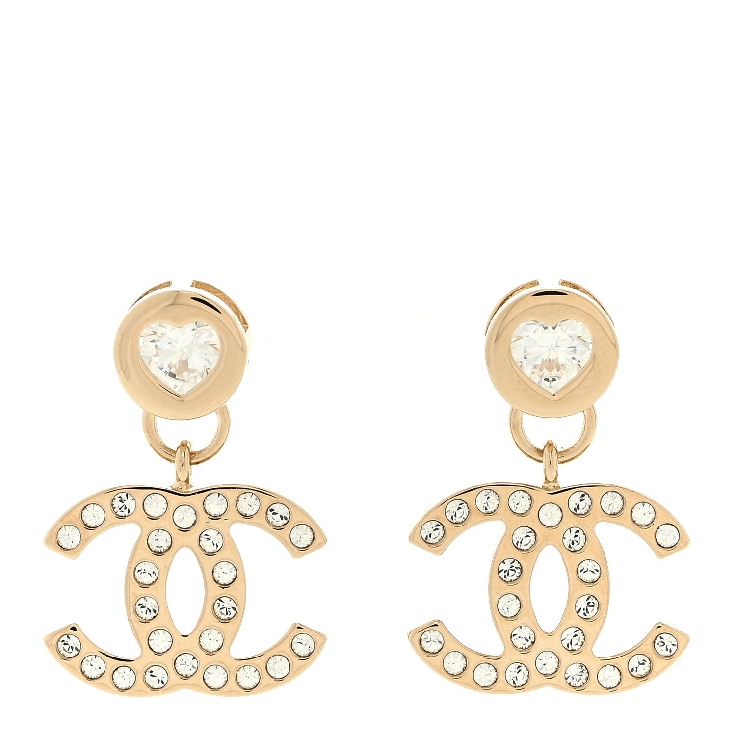 Chanel Crystal CC Heart Drop Earrings Gold 1 of 5