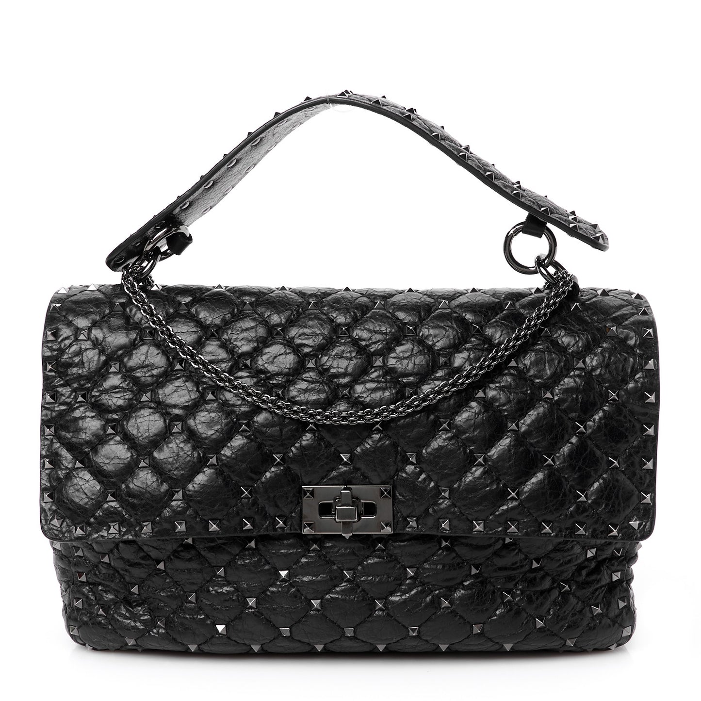 Craquele Nappa Large Rockstud Spike Shoulder Bag Black