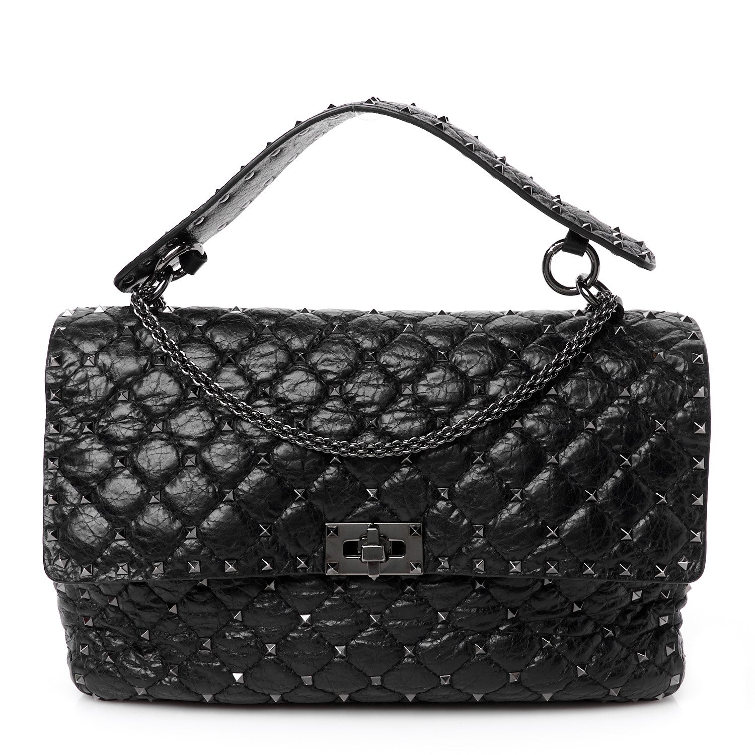Valentino Garavani Craquele Nappa Large Rockstud Spike Shoulder Bag Black 1 of 9