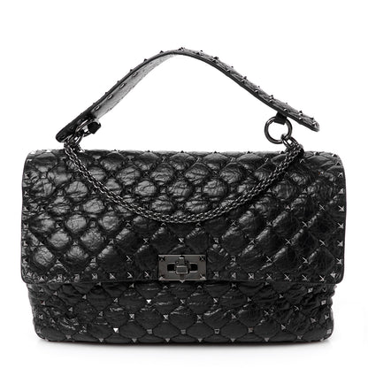 Valentino Garavani Craquele Nappa Large Rockstud Spike Shoulder Bag Black 1 of 9
