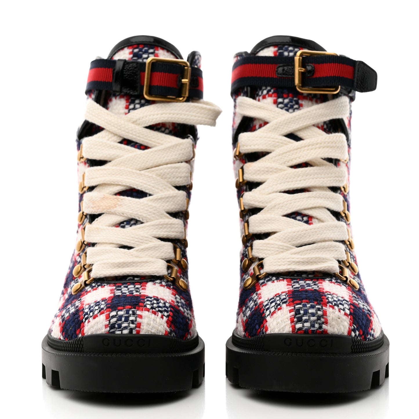 Vintage Tweed Check Lace Up Combat Ankle Boots 36.5 White Hibiscus Red Marine