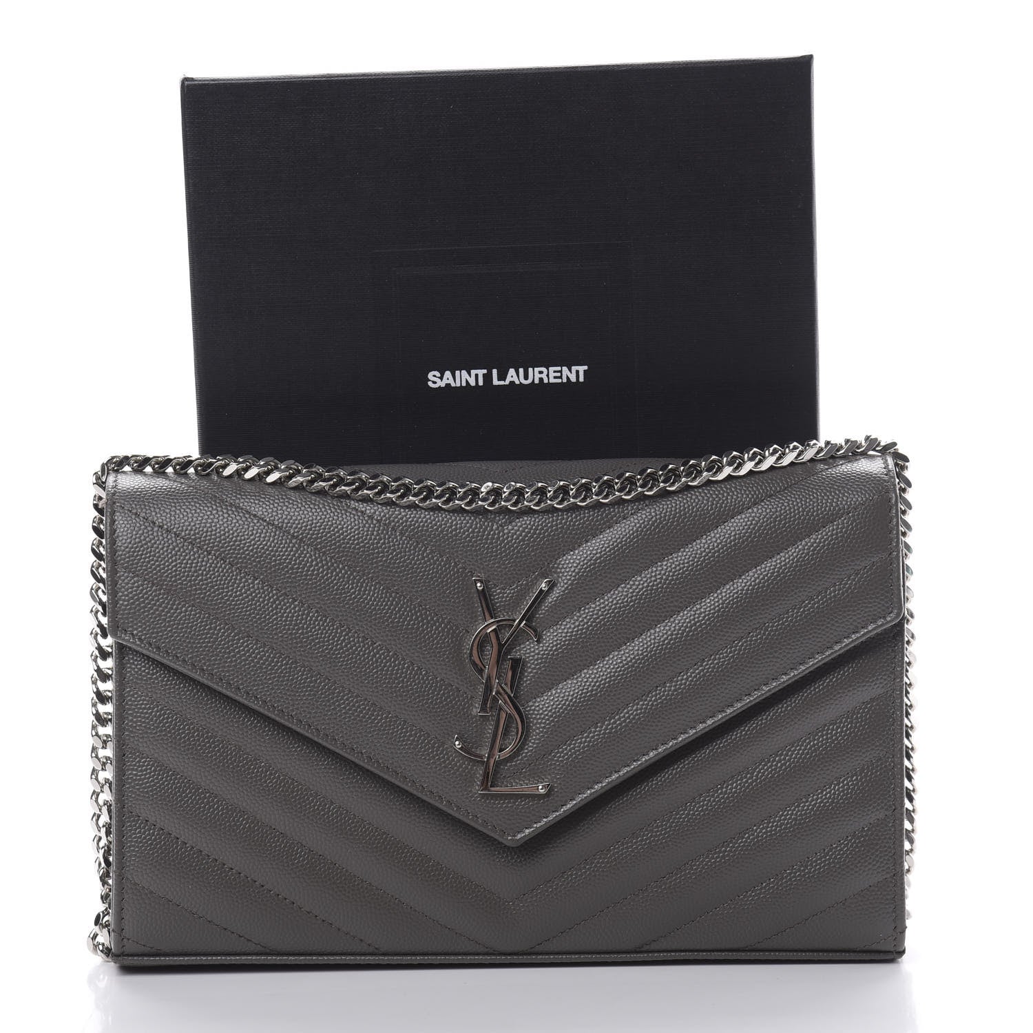Saint Laurent Grain De Poudre Matelasse Chevron Monogram Chain Wallet Grey 11 of 11