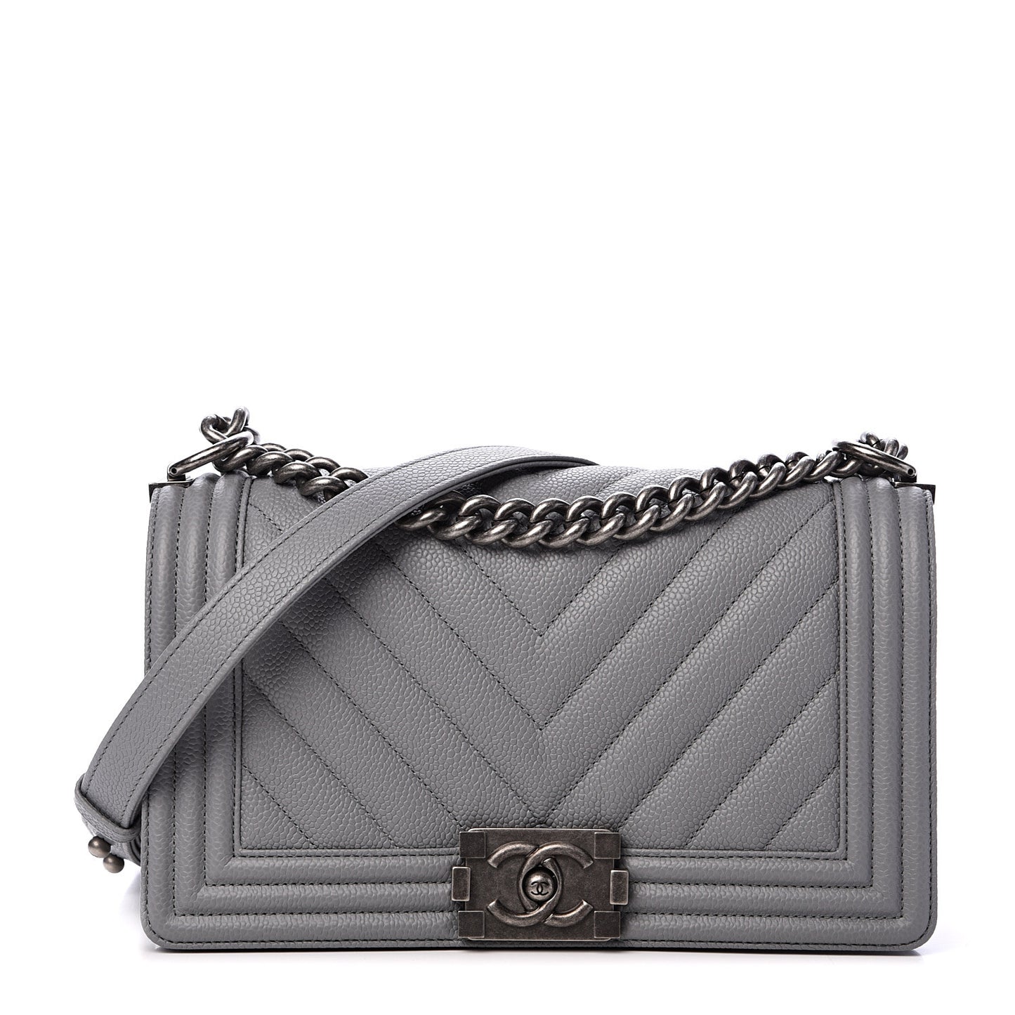 Caviar Chevron Quilted Medium Boy Flap Dark Grey