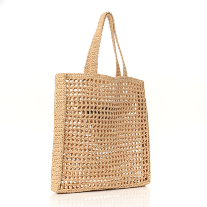 Prada Yarn Raffia Effect Crochet Logo Embroidered Tote Bag Naturale 3 of 10