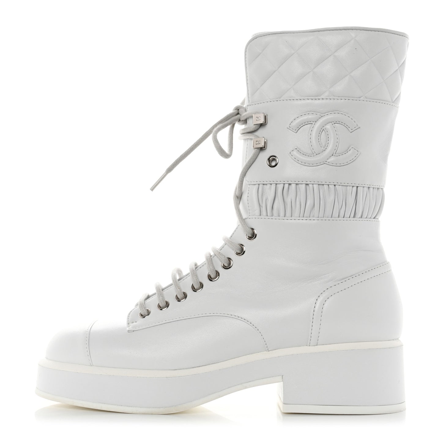Lambskin Quilted Lace Up Combat Boots 36.5 White