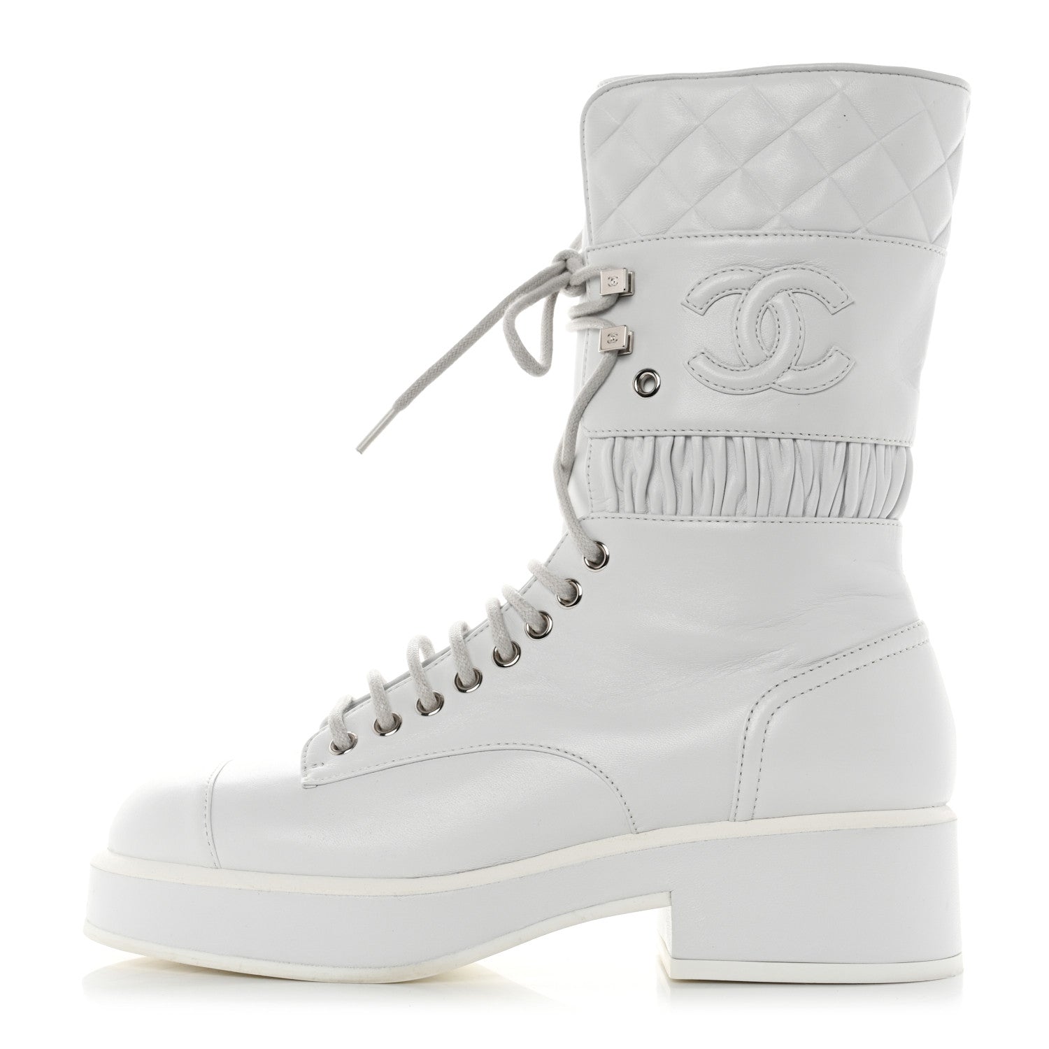Chanel Lambskin Quilted Lace Up Combat Boots 36.5 White 1 of 9