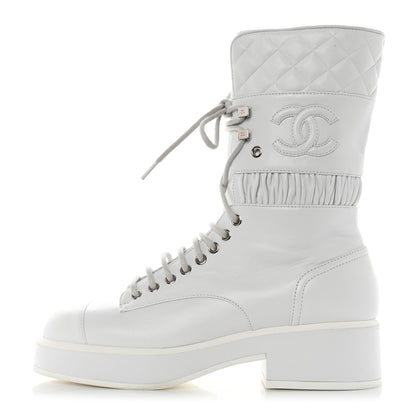 Chanel Lambskin Quilted Lace Up Combat Boots 36.5 White 1 of 9