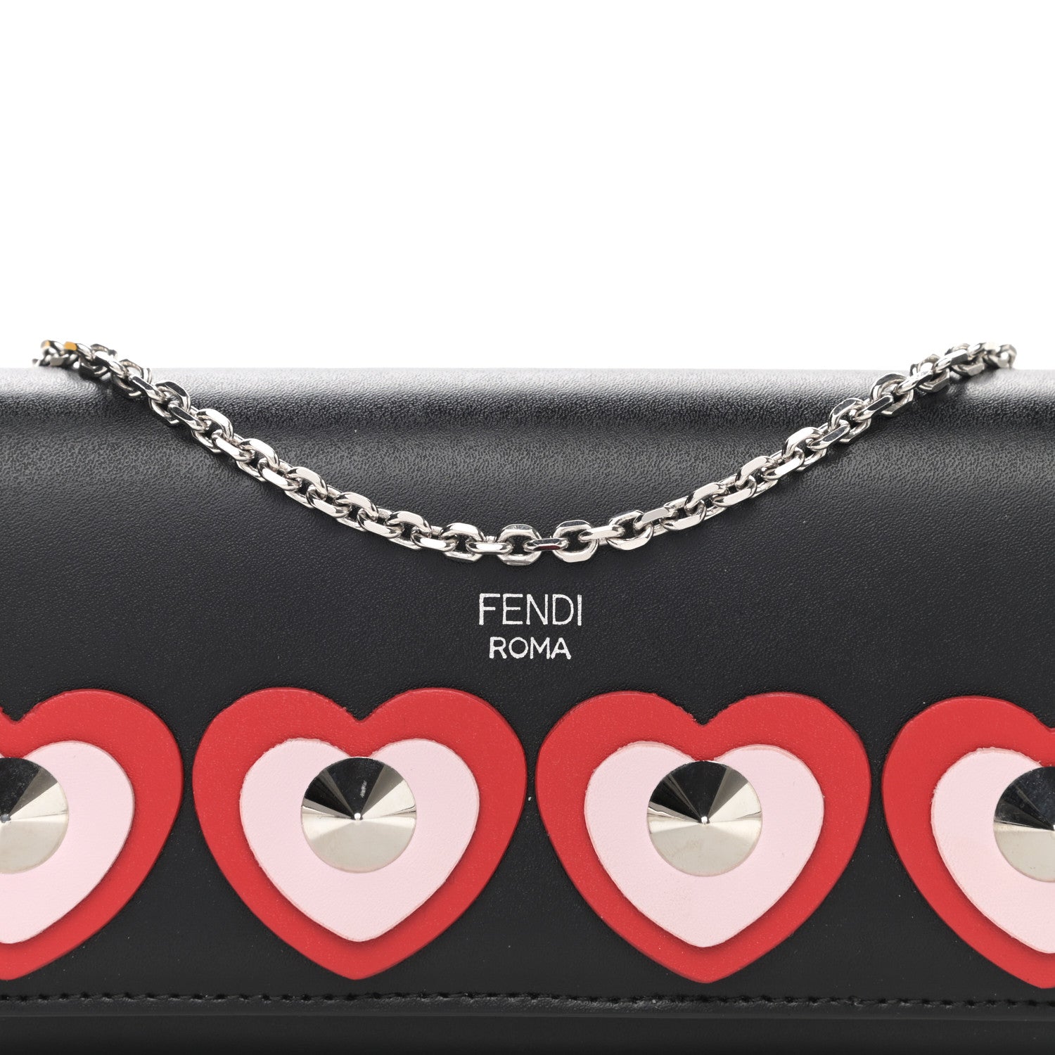 Fendi Calfskin Heart Studded Continental Wallet On Chain Black Red Peonia 6 of 11