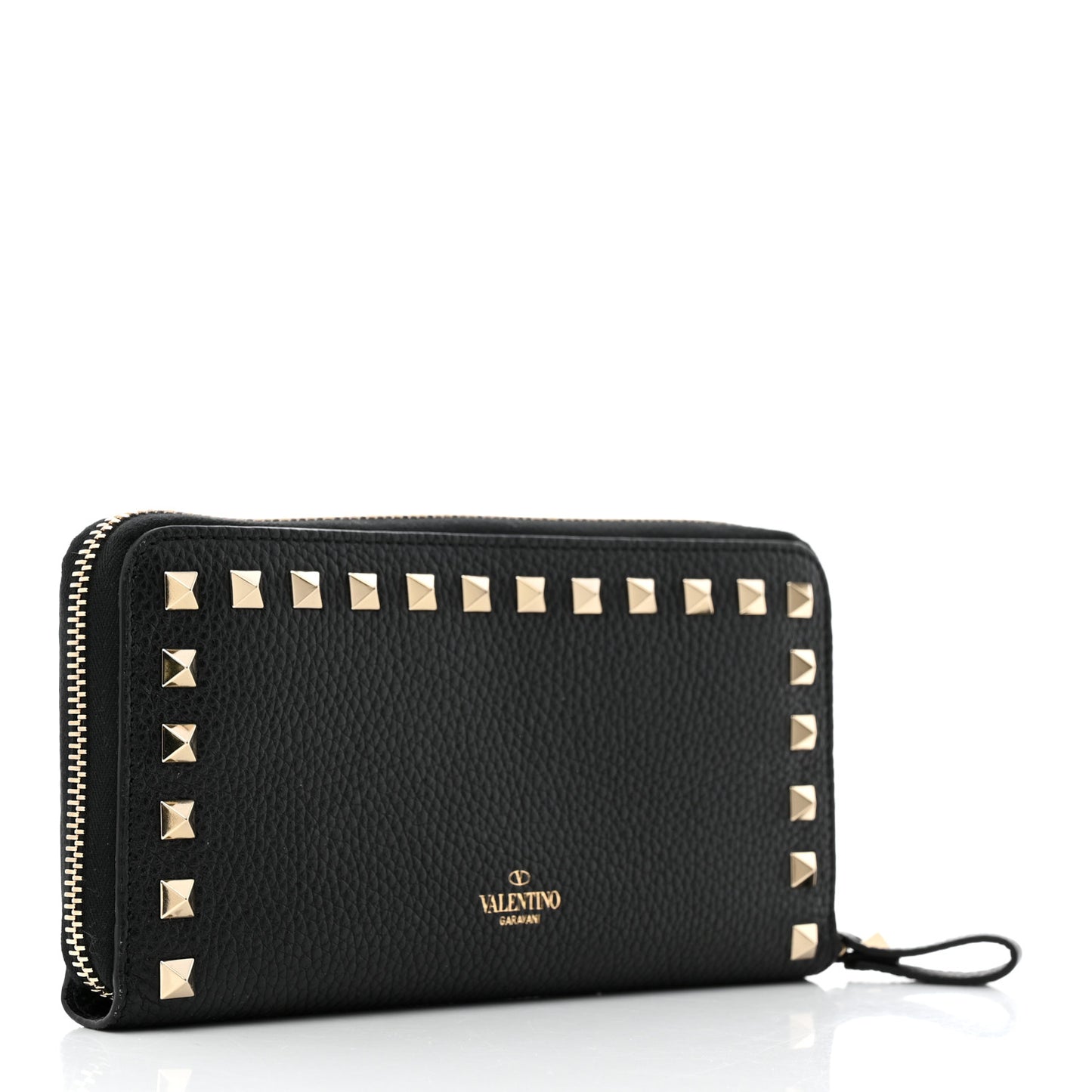Pebbled Calfskin Rockstud Zip Around Wallet Black