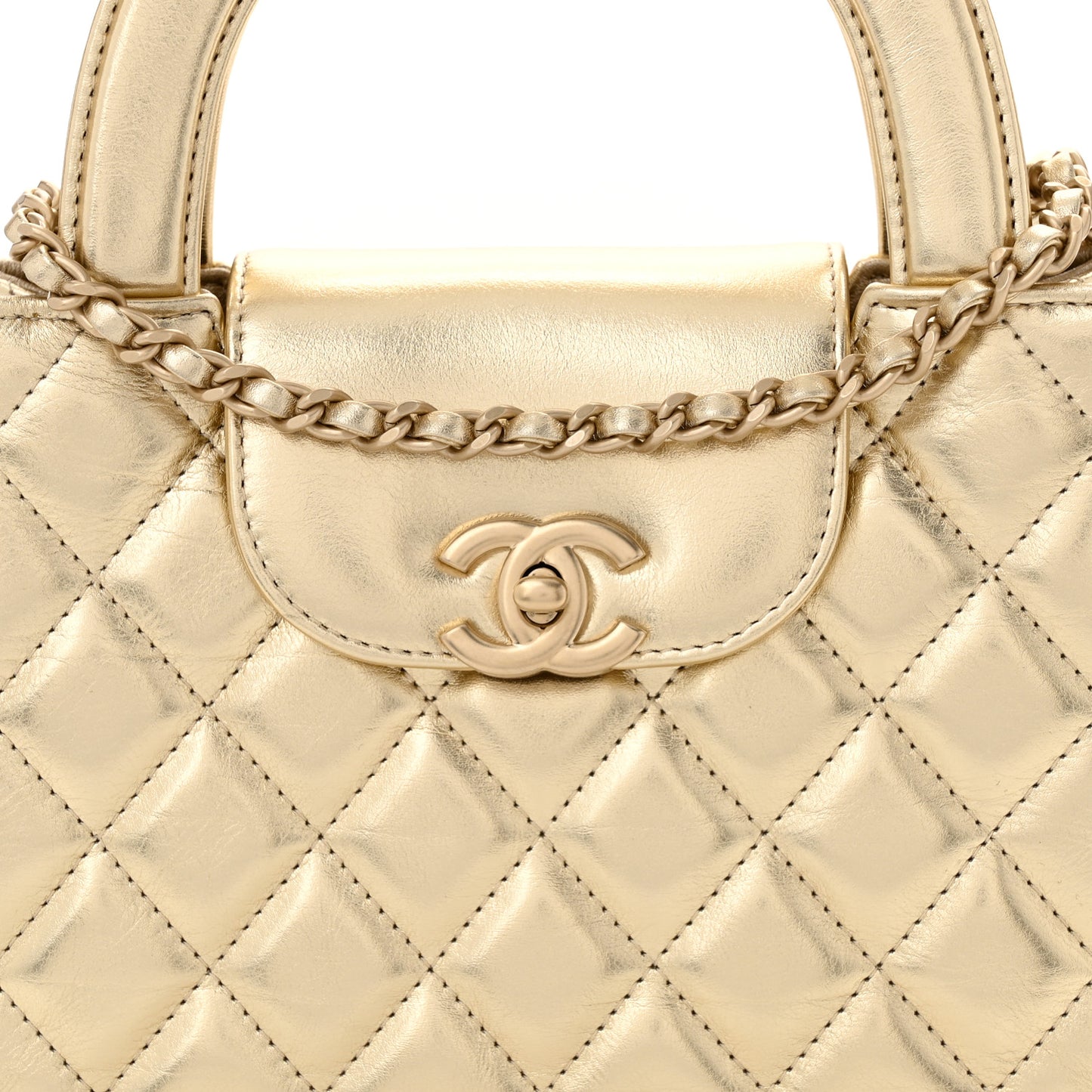 Metallic Shiny Aged Calfskin Quilted Nano Kelly Shopper Gold